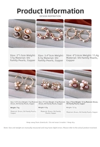 Detailed grid of vintage pearl and zircon earrings with size and weight specifications