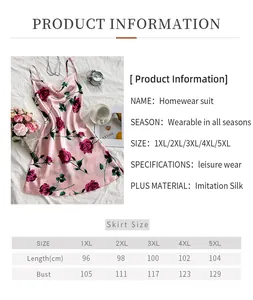 Size chart for pink floral satin slip dress including length and bust measurements