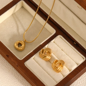 Gold Plated Stainless Steel Necklace And Stud Earrings Geometric Triangle Knot Jewelry Elegant Fashionable For Women