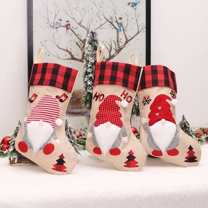 Christmas Stocking Decoration Burlap Buffalo Plaid Gnome Gift Bags With Music Note Snowflake Pattern For Xmas Home Decor