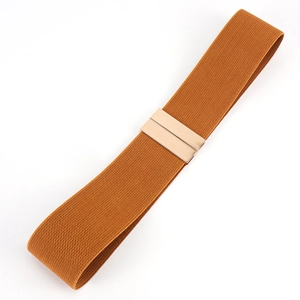 Detail of caramel elastic waist belt with a golden mirror metal buckle for women