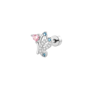 Elegant butterfly titanium steel earring with pink heart stone and blue crystals on white background