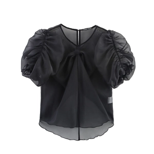 Chemisier En Organza En Maille Femmes Manches Bouffantes Nœud Transparent Col Rond Style Français Doux Top De Soirée Noir