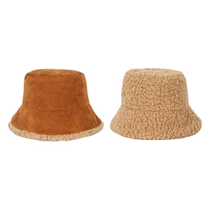 Winter warming bucket hats in brown corduroy and beige fluffy faux lamb wool fabric