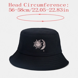 Black bucket hat with sun and moon graphics for 56-58cm head circumference size