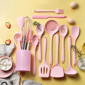 Pink 15-piece non-stick silicone kitchen utensil set with storage bucket and metal handles