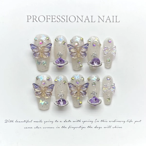 Handmade Press On Nails Purple Aurora 3D Butterfly Planet Rhinestones Reusable Luxury Sweet For Women