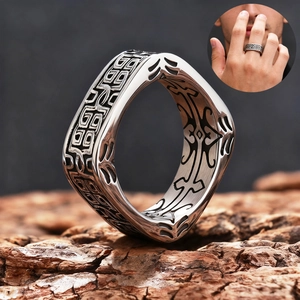 Vintage Square Ring Men Stainless Steel Fret Pattern Geometric Carved Punk Biker Jewelry Band Accessory