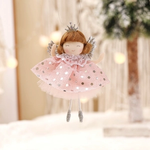 Pink Christmas angel hanging ornament with bubble skirt and silver wings for tree decor