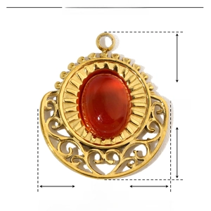 Detailed size parameter view of a vintage gold pendant with red natural stone insert