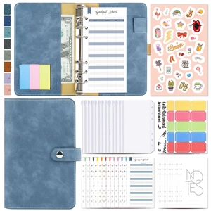 Blue A6 PU leather budget binder set with 6-ring folder, zipper pockets and budget sheets