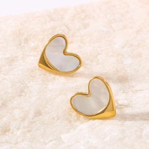 Elegant gold titanium steel heart earrings with white mother of pearl inlay on stone
