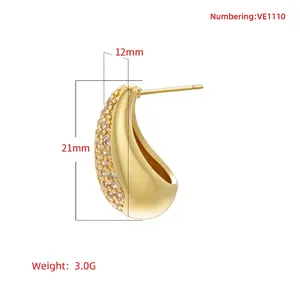 18K gold plated teardrop earrings with pavé set colorful zircons and hollow design