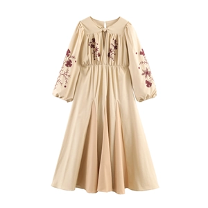 Women Floral Embroidery Maxi Dress Polyester Long Sleeve High Waist Pleated Elegant A-Line Party Gown Apricot