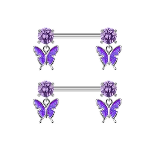 Detailed view of silver nipple rings with purple heart crystals and butterfly charms