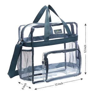 Detailed side view of clear PVC tote bag with dark green straps and 12x12x6 inch size