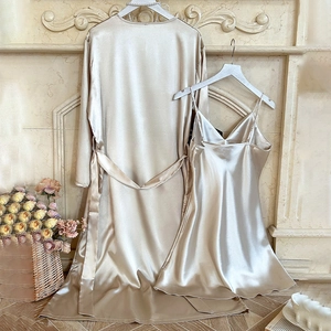 Champagne silk satin robe and V-neck slip nightgown set for women elegant loungewear