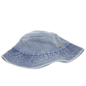 Close-up of light blue washed denim bucket hat with detailed stitching and gold metal tag