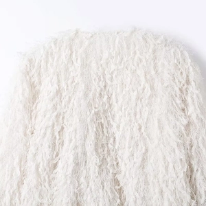 Chic white fringe faux feather knit cardigan jacket with textured shaggy aesthetic