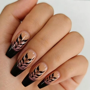 Long Coffin Press On Nails Nude Black Ombre Wheat Ear Leaf Pattern French Style Minimalist Glossy Plastic False Nails