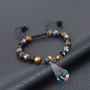 Custom photo projection bracelet with tiger eye beads and black obsidian stones