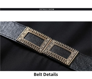 Close-up of golden double rectangular buckle and lychee textured black leather belt