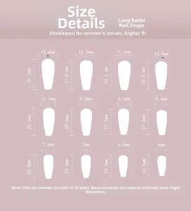 Size guide for long coffin press on nails featuring twelve diverse width and length specs