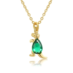 Detailed view of an 18K gold dinosaur necklace with a teardrop green gemstone pendant