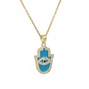 18K gold Hamsa Hand necklace with blue enamel evil eye and sparkling zircon stones