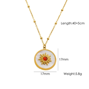 Detail of 17mm sunburst pendant with red stone on a 40+5cm gold stainless steel chain