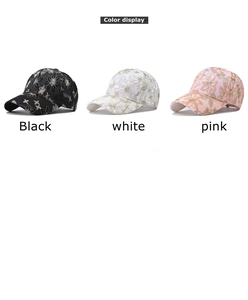 Detailed embroidery flowers on lace baseball caps in black, white and pink colors