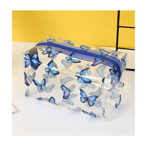 Large waterproof transparent PVC cosmetic bag with blue butterfly prints and zipper
