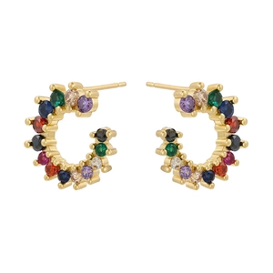 Detailed view of C-shaped earrings with colorful pave-set gemstones and 18K gold finish