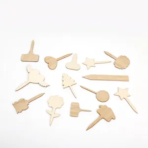 Unfinished wooden plant labels in various shapes like stars and hearts for garden decoration