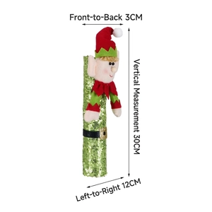 Christmas elf plush wine bottle cover with green sequins and dimensions of 30cm by 12cm