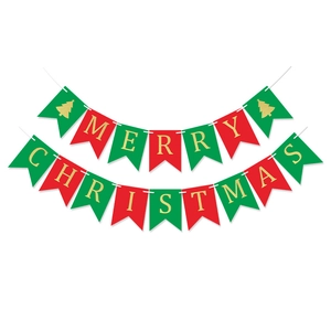 Merry Christmas banner with red and green swallowtail flags and golden letters on white background