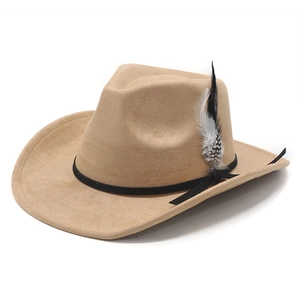 Detail of khaki suede western cowboy hat featuring black slim band and spotted feather accent