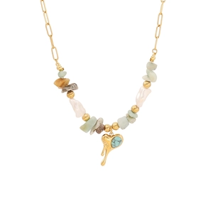 Bohemian gold beaded necklace with natural stones and heart pendant engraved with DREAM