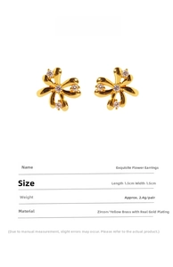 Detailed view of gold-plated flower stud earrings with zircon inlay specifications