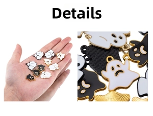 Detail view of black and white enamel ghost charms for Halloween DIY jewelry making