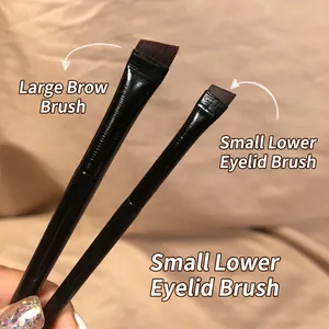 Flat angled eyebrow brush and eyeliner brush set with black handles and synthetic fiber bristles