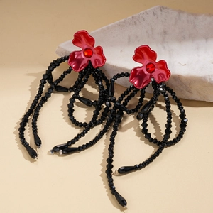 Vintage style red flower earrings with elegant black beaded tassels and rhinestone inlay