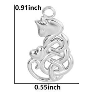 Detailed size specifications for cat-shaped Celtic knot pendant in 0.91 x 0.55 inches