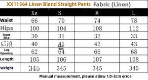 Detailed size chart for linen blend straight pants with measurements for XS to L sizes