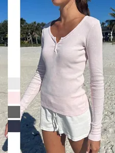 Long Sleeve Henley T-Shirt Women Viscose Elastane Ribbed Knit Button V Neck Slim Fit Solid Casual Soft Top