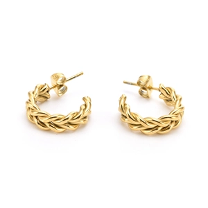 Detailed view of chunky golden double twist braided hoop earrings with polished metal finish