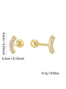Detail view of 14K gold plated curved stud earrings with dimensions and cubic zirconia inlay