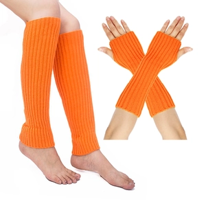 Neon orange knit leg warmers and fingerless arm sleeves set for women in minimalist white style