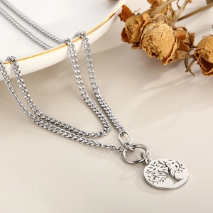 Silver double-layer Cuban chain necklace with circular Tree of Life pendant for women