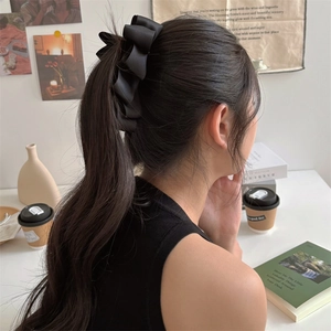 French Style Black Satin Bow Banana Clip Elegant Hair Claw Multi Layer Ponytail Holder Accessory For Women